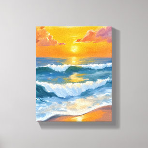 Oranje Zee Zonsondergang Aquarel Oceaangolven Gesc Canvas Afdruk