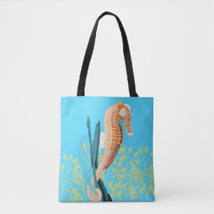 Oranje zeepaardje tegen achtergrond van turkooizen tote bag