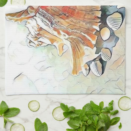 Oranje Zeeschelpen op het strand waterverf schilde Theedoek (Gevouwen)