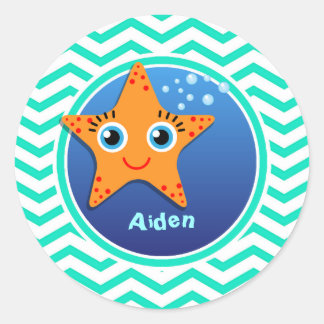 Oranje zeester; Aqua Green Chevron Ronde Sticker