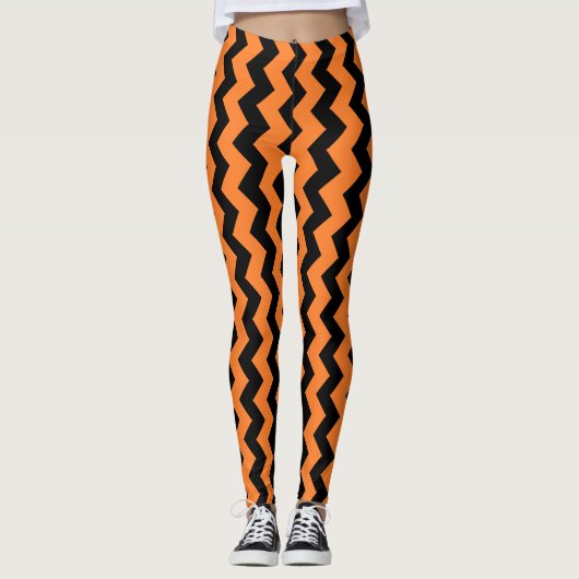 Oranje Zigzag Ontwerp Kies Achtergrondkleur Leggings (Voorkant)