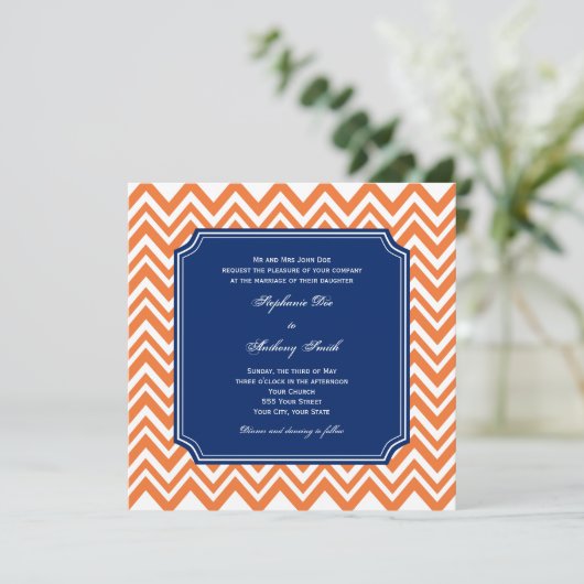 Oranje Zigzag Pattern met Royal Blue Wedding Kaart (Staand voorkant)
