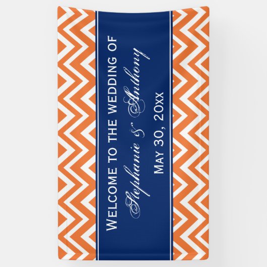 Oranje Zigzag Pattern met Royal Blue Wedding Spandoek (Verticaal)