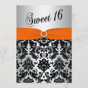 Oranje, zilver, Black Damask Sweet 16 Uitnodiging