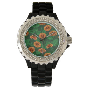 Oranje Zinnia bloemen, groene bladeren op donkergr Horloge
