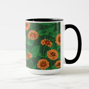 Oranje Zinnia bloemen, groene bladeren op donkergr Mok