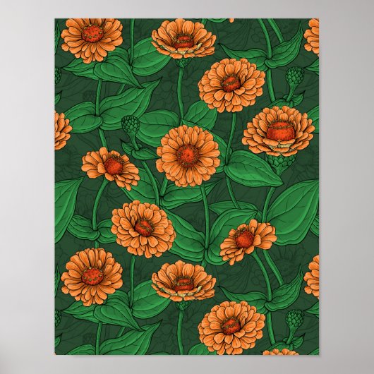 Oranje Zinnia bloemen, groene bladeren op donkergr Poster (Voorkant)