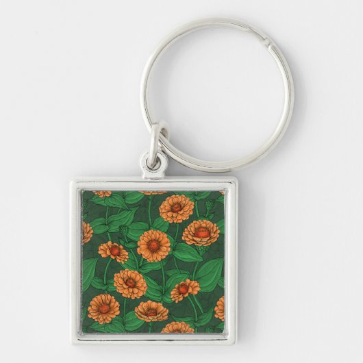Oranje Zinnia bloemen, groene bladeren op donkergr Sleutelhanger (Voorkant)