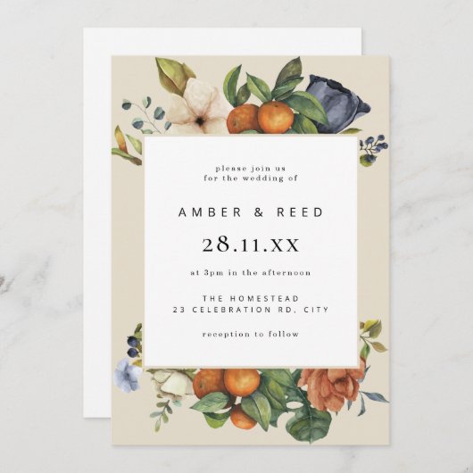 Oranje zomer bloemen botanische boho bruiloft kaart (Voorkant / Achterkant)