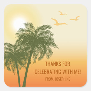 Oranje Zomer Zonsondergang Palmboom Verjaardag Bed Vierkante Sticker