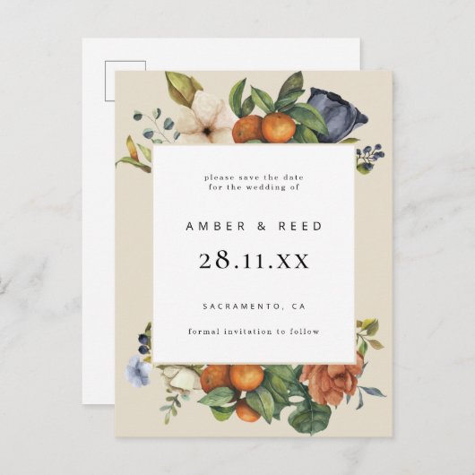 Oranje Zomerbloemen Botanische Boho Bewaar de Datu Uitnodiging Briefkaart (Voorkant / Achterkant)