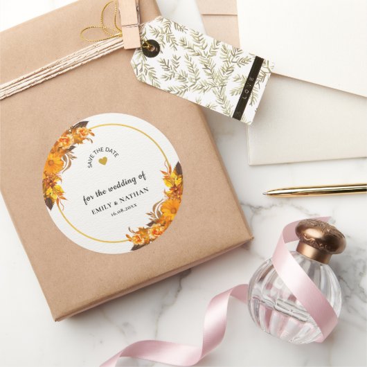 Oranje Zonnebloem Herfst bruiloft Save the Date Ronde Sticker (Geschenken)
