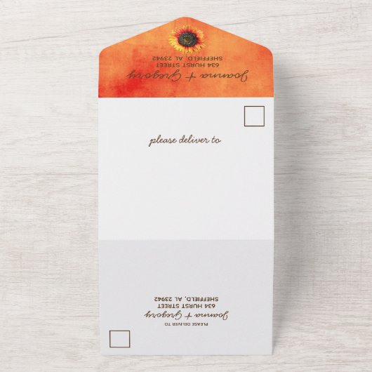 Oranje zonnebloem in één bruiloft all in one uitnodiging (Buitenkant)