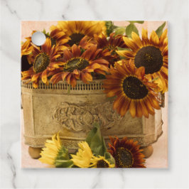 Oranje zonnebloemen in tin mandje bedankjes labels