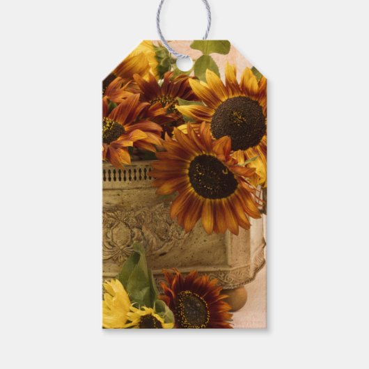 Oranje zonnebloemen in tin mandje cadeaulabel (Voorkant)