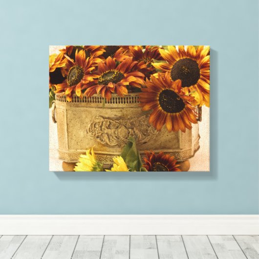 Oranje zonnebloemen in tin mandje canvas afdruk (Insitu (Houten vloer))