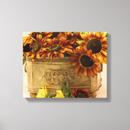 Oranje zonnebloemen in tin mandje canvas afdruk