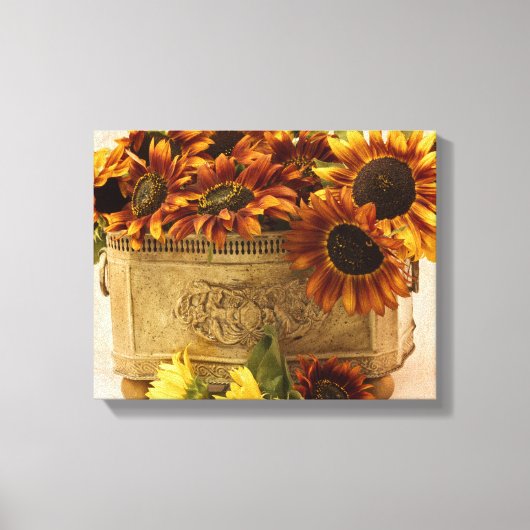 Oranje zonnebloemen in tin mandje canvas afdruk (Voorkant)