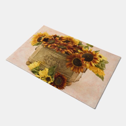 Oranje zonnebloemen in tin mandje deurmat (Schuin)