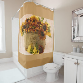 Oranje zonnebloemen in tin mandje douchegordijn