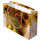 Oranje zonnebloemen in tin mandje groot cadeauzakje (Achterkant Gekanteld)