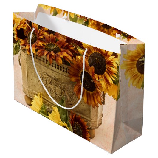 Oranje zonnebloemen in tin mandje groot cadeauzakje (Achterkant Gekanteld)