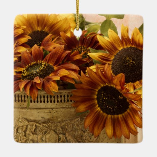 Oranje zonnebloemen in tin mandje keramisch ornament (Achterkant)