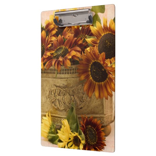 Oranje zonnebloemen in tin mandje klembord (Links)