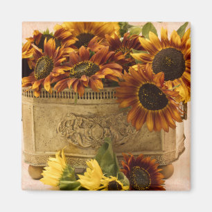 Oranje zonnebloemen in tin mandje magneet