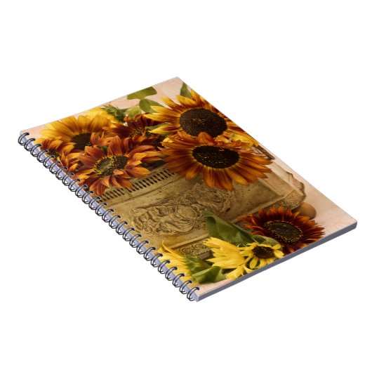 Oranje zonnebloemen in tin mandje notitieboek (Rechterzijde)