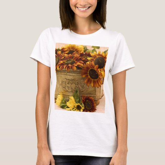 Oranje zonnebloemen in tin mandje t-shirt (Voorkant)