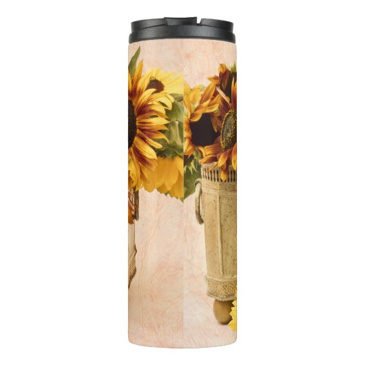 Oranje zonnebloemen in tin mandje thermosbeker (Achterkant)