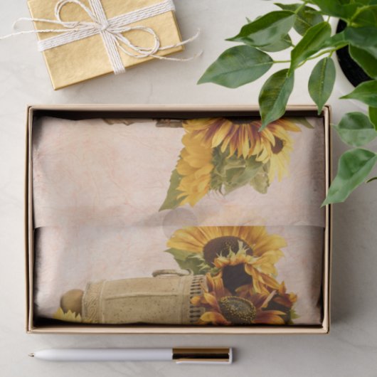 Oranje zonnebloemen in tin mandje tissuepapier (Geschenk)