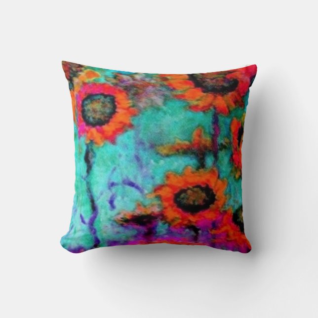 Oranje zonnebloemen Turquoise Pillow door Sharles Kussen (Voorkant)