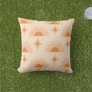 Oranje Zonneschijn met Mid Century Sterrenexplosie Buitenkussen
