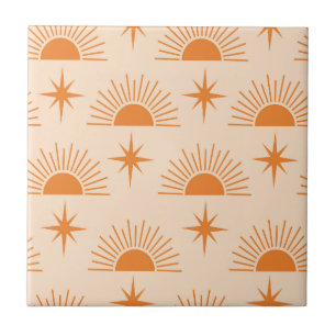 Oranje Zonneschijn met Mid Century Sterrenexplosie Tegeltje