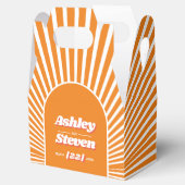 Oranje zonnestralen retro groovy 70s geïnspireerde bedankdoosjes (Geopend)