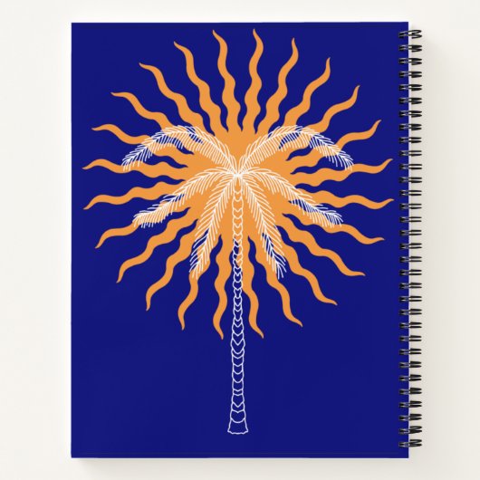 Oranje zonnestralen witte lijnpalmboom notitieboek (Achterkant)