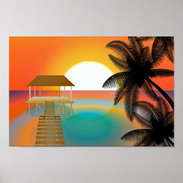 Oranje zonnestrand met palmboom Hut Poster