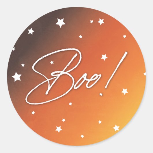 Oranje Zonnezonsondergang Verspreide Stars Boo! Ha Ronde Sticker (Voorkant)