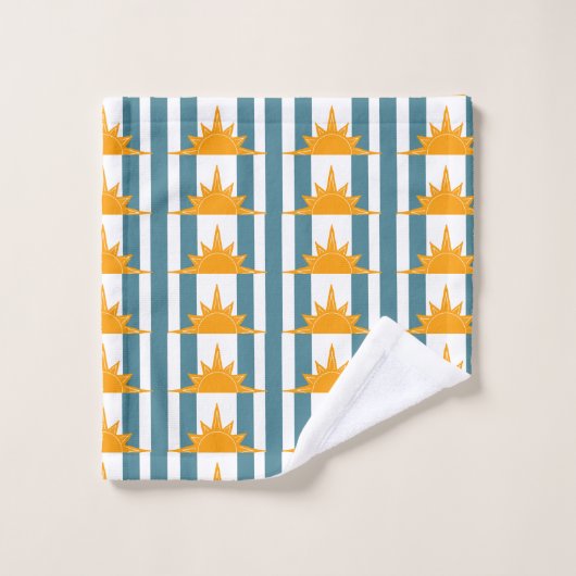 Oranje zonnige zon op Blauwgroen strepen Bad Handdoek (Wasdoekje)