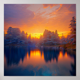 Oranje zonsondergang bij het Calm Forest Lake Poster