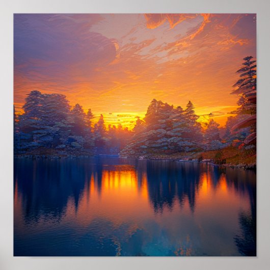 Oranje zonsondergang bij het Calm Forest Lake Poster (Voorkant)