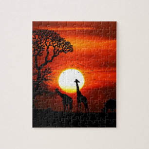 Oranje zonsondergang in Afrika met Giraffe Silhoue Legpuzzel
