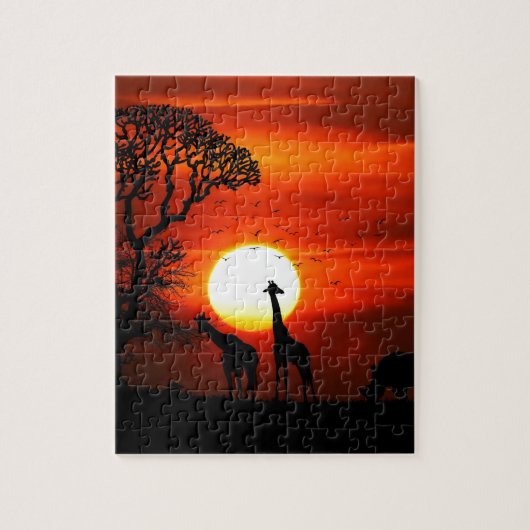 Oranje zonsondergang in Afrika met Giraffe Silhoue Legpuzzel (Verticaal)