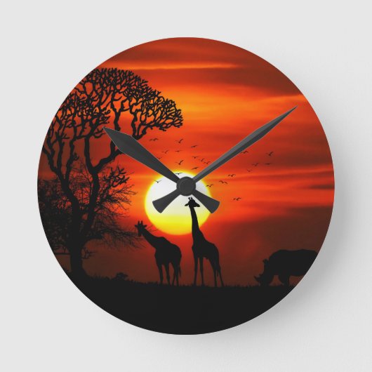 Oranje zonsondergang in Afrika met Giraffe Silhoue Ronde Klok (Voorkant)