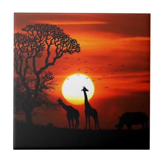 Oranje zonsondergang in Afrika met Giraffe Silhoue Tegeltje (Voorkant)