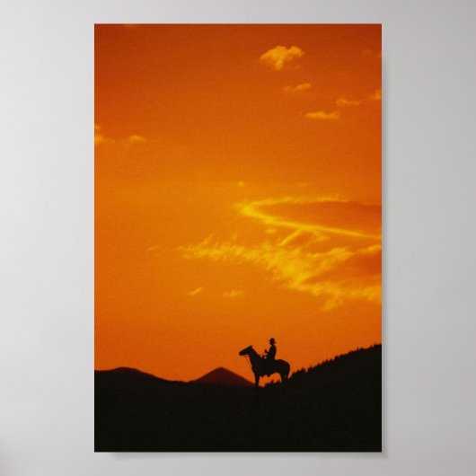 Oranje zonsondergang met Cowboy Silhouette Poster (Voorkant)