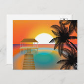 Oranje zonsondergang op strand met palmbomen Teken Briefkaart (Voorkant / Achterkant)