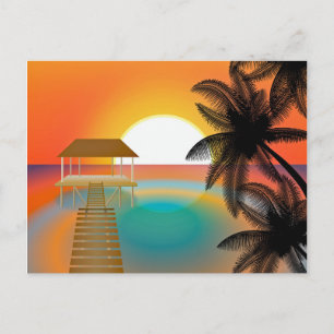 Oranje zonsondergang op strand met palmbomen Teken Briefkaart